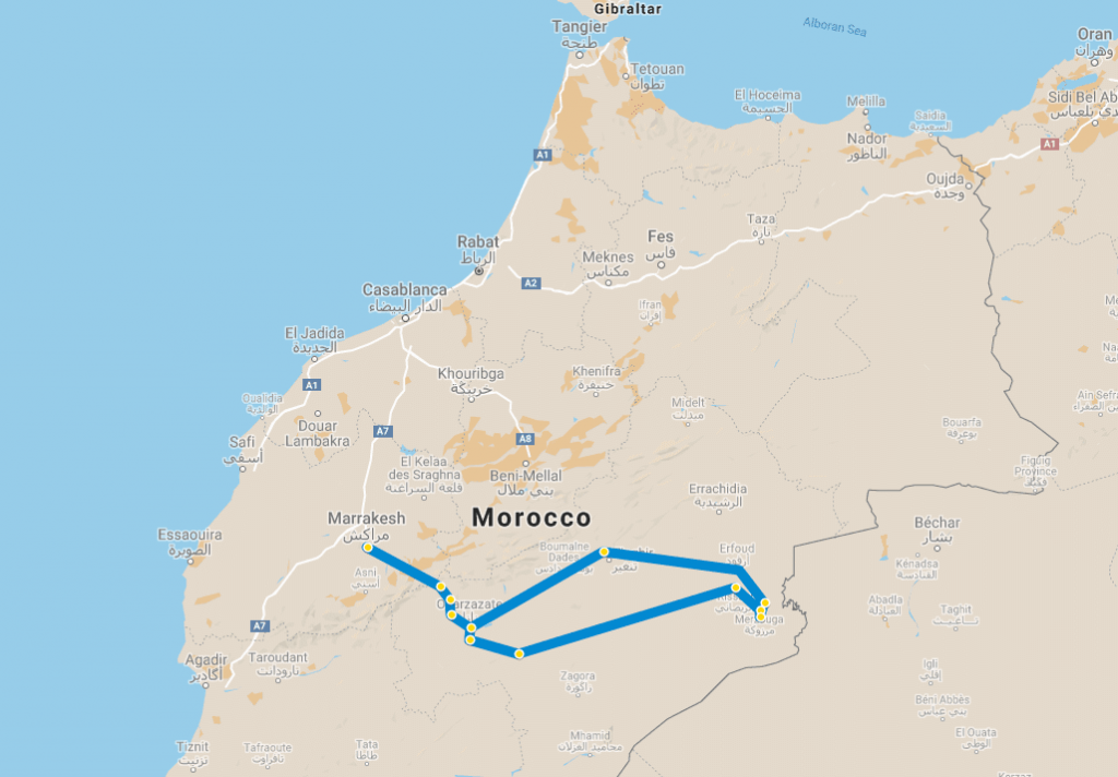 7 dni Maroko 430€ • Wycieczka z Marrakeszu na Pustynię Sahara 15 Mapa 7-dniowa wycieczka z Marrakeszu na pustynię