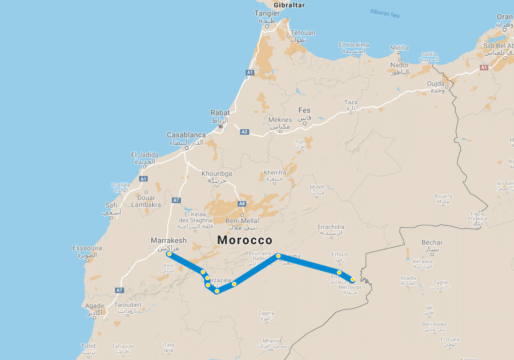Mapa wycieczka 3 dni na wydmy Merzouga